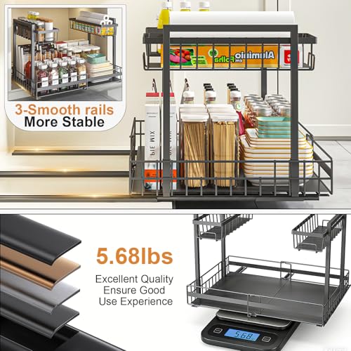 Under Sink Organizer, 1 Pack 2-Tier Expandable Pull Out Storage with Ball-Bearing Slides, Height Adjustable for Kitchen Bathroom Cabinet, Black - view 4