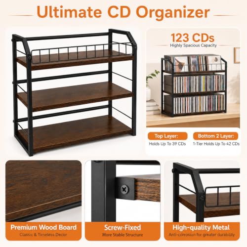 3-Tier CD Storage Rack, CD Holder Tower Holds 123 CDs with Display Top Shelf, Metal and Wood CD Organizer Stand for Standard Jewel Cases, Compact Desktop CD Shelf for Home Office - view 4