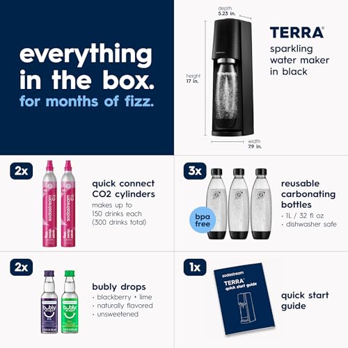 TERRA Sparkling Water Maker, Value Bundle, CQC CO2 System, Includes 2 Quick Connect 60L CO2 Cylinders, 3 Dishwasher Safe BPA Free Bottles, 2 bubly Flavor Drops, Make your own Pepsi, Black - view 2