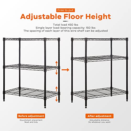 3-Tier Storage Shelves Adjustable, Wire Shelving Heavy Duty Storage Rack(150 Lbs Loading Capacity/ Shelf) Metal Shelf Organizer for Pantry Garage Kitchen 23"D x12"W x 30"H -Black - view 5
