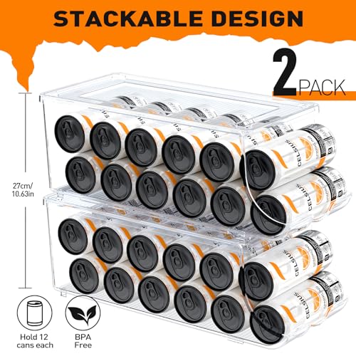 2 Pack Skinny Can Organizer for Refrigerator, Stackable Tall Skinny Soda Pop Can Holder Dispenser with Lid for Fridge Pantry Rack Freezer, Clear Plastic Storage Bins-Holds 12 Slim Cans Each - view 2