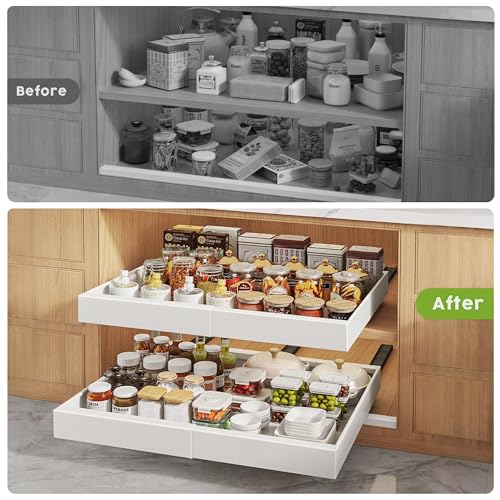 2 Pack Pull Out Cabinet Organizers 21"Deep with Raising Pad for Framed Cabinets,Expandable Slide Out Drawers Upgrade 3 Slide Rails,Roll Out Shelves Adhesive,Adjustable Width 12"-20.45" White - view 6