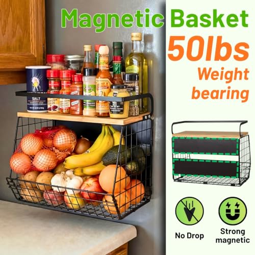 Magnetic Shelf for Fridge with Wood Lid, Fruit Potato and Onion Storage Bins, Pantry Organizers & Storage, Large Container Magnetic Spice Rack for Refrigerator, Kitchen Counter, Cabinet - view 2