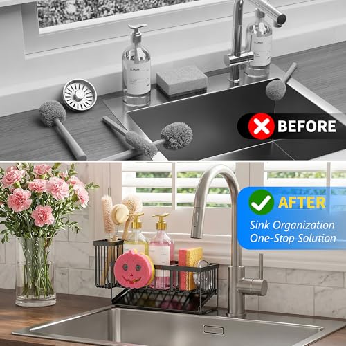 Sponge Holder for Kitchen Sink, Smiley Face Sink Caddy with Removable Brush Holder,Self-Draining Sponge Caddy for Sponge,Soap,Dish Brush,Scrubber,Kitchen Essentials and Gadgets - view 3