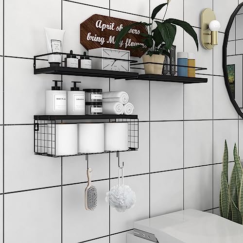 Black Floating Shelves with S Hooks, Wall Mounted Bathroom Shelves Over Toilet with Toilet Paper Basket, Bathroom Organizers and Storage, Small Corner Shelf for Bedroom Home Room Wall Decor - view 2