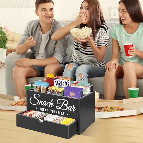 Snack Organizer for Countertop, Wood Pantry Storage Bins with Handles, Snack Bar Organizer for Kitchen, Office, 4 Compartment Food Container Snack Box with Drawer, Pantry Organizer for Chips, Candy - view 2