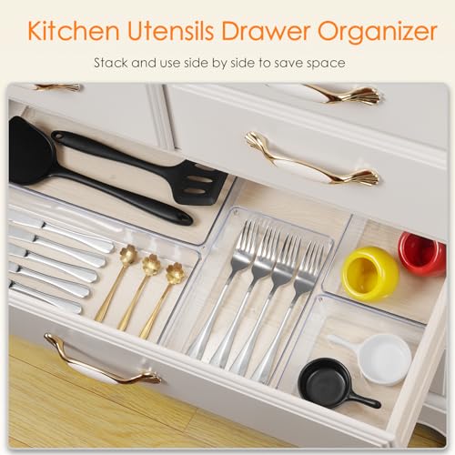 Drawer Organizer, 18 Pack Large Clear Plastic Kitchen Drawer Organizers Set, 6 Size Versatile Bathroom and Vanity Drawer Organizer Trays, Storage Bins for Makeup, Bedroom, Kitchen Utensils - view 4