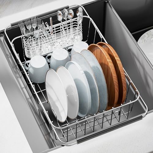 Over Sink Dish Drying Rack, Expandable 14.96"–22.44" Adjustable Dish Rack for Kitchen Sink, 304 Stainless Steel Dish Drainer with Utensil Holder, Space Saving for Most Standard Kitchen Sinks