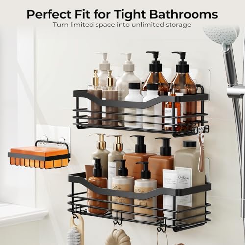 Shower Caddy Basket Shelf,3-Pack Adhesive Shower Organizer with Soap Dish Holder, No Drilling Wall Mounted Rustproof Stainless Steel Shower Shelves with 7 Hooks,for Bathroom - view 3