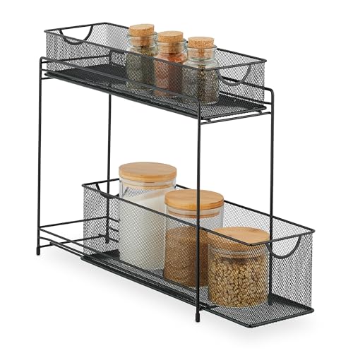Kitchen Cabinet Organiser, Pull-out Base Unit Shelf, 2 Drawers, Metal Baskets, HWD: 40 x 15 x 46 cm, Black