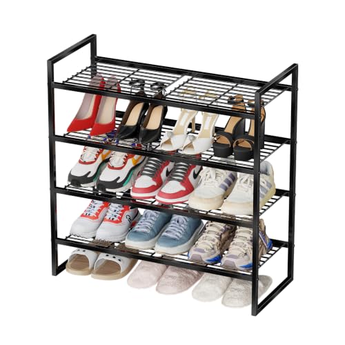 Heavy Duty 4 Tier Shoe Rack, 27 Inch Wide Closet Metal Wire Shoe Shelf Organizer for Entryway, Black