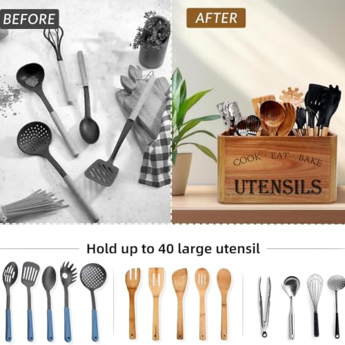 Wooden Kitchen Utensil Holder Organizer for Counter or Countertop, Large Wooden Utensil Holder for Storage Cooking and Silverware with 3 Compartment, Acacia Rustic Wood Container Extra Large - view 5