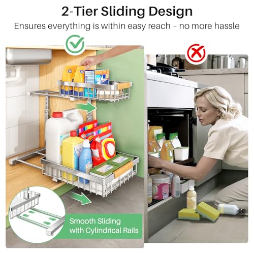 Under Sink Organizer, Thickened L-Shaped 2 Tier Pull Out Cabinet Storage - view 7