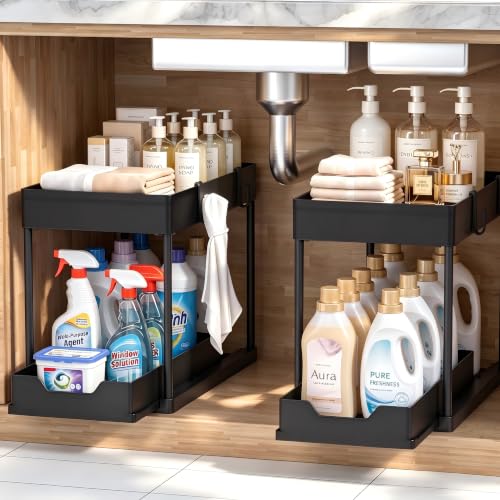 Under Sink Organizer 2 Pack, Bathroom Cabinet Organizer, 2 Tier Sliding Cabinet Basket Organizer Drawer, Multi-Purpose Bath Collection Baskets for Bathroom (Black)