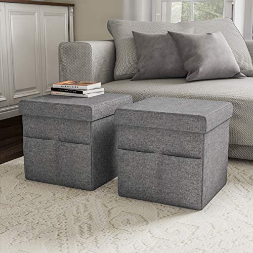 Set of 2 Ottomans with Storage Pockets - 15-Inch Folding Foot Rests or Storage Organizers for Bedroom, Living Room, or Dorm (Gray)