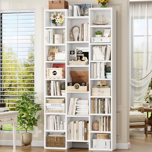 71'' H White Bookshelf with 21 Cubes, Triple Wide Tall Bookshelf