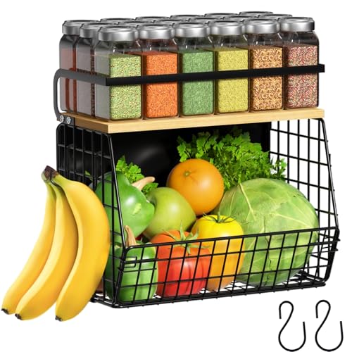 Magnetic Shelf for Fridge with Wood Lid, Fruit Potato and Onion Storage Bins, Pantry Organizers & Storage, Large Container Magnetic Spice Rack for Refrigerator, Kitchen Counter (Black, 1)