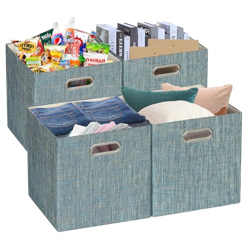 Storage Basket Bins,13×13×13 Foldable Storage Boxes Fabric Drawer Cubes for Closet Shelf Cabinet Bookcase - Set of 4,Teal