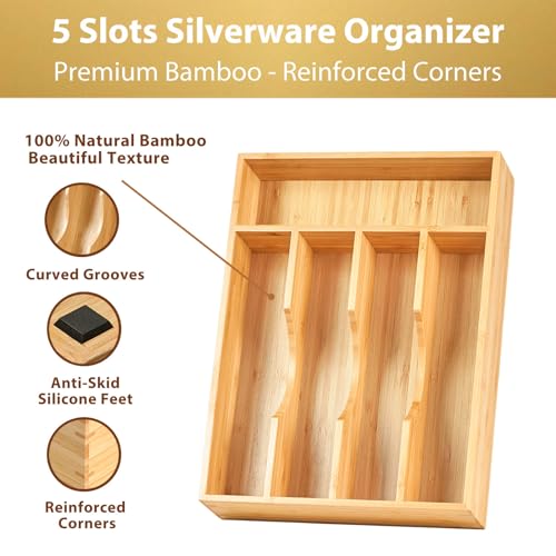 Bamboo Kitchen Drawer Organizer, 9 Inch Silverware Utensils Tray Holder for Small Drawer, Wood Caddy for Flatware Cutlery Knives - view 2