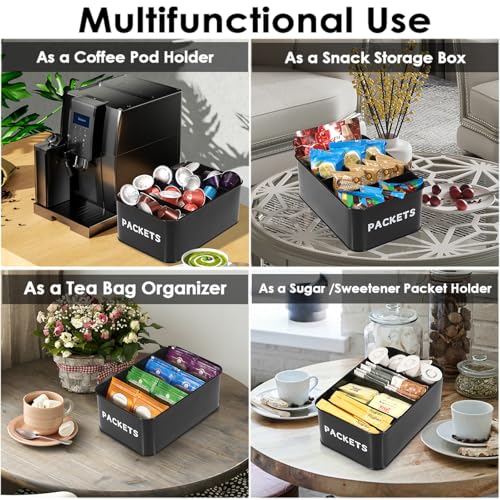 Seasoning Packet Organizer, Food Storage Organizer with Divided 4 Compartments, Metal Storage Caddy for Kitchen Pantry Cabinet, Kitchen Organization Bin for Snacks Spice Packets, Black - view 4