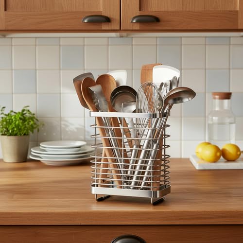 Kitchen Utensil Drying Rack, 18/8 Stainless Steel Chopsticks Spoon Fork Knife Basket Flatware Storage Drainer, Cutlery Holder for Kitchen Counter （6.1x2.95x6.5 inch） - view 7