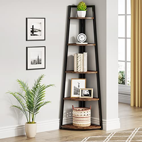 5 Tier Corner Bookshelf and Bookcase, 70 inch Tall Corner Shelves Standing Shelving Unit Indoor Plant Stand for Living Room, Kitchen, Home Office (Brown)
