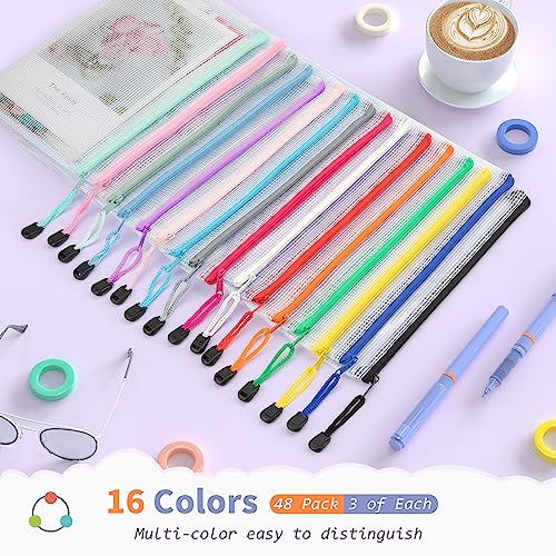 48 Pack A5 Mesh Zipper Pouches, 16 Colors Storage Organizer Bags - view 2