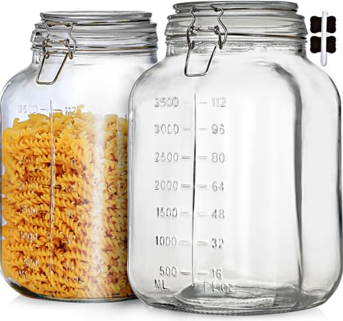 1.1 Gallon Large Glass Food Storage Jars with Airtight Lids,Set of 2 Square Wide Mouth Airtight Glass Storage Container,135oz Kitchen Mason Jar with Measurement Mark,for Flour Sugar Canning.