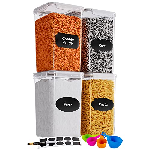 Extra Large Tall Airtight Food Storage Containers, Set of 4, Airtight Food Storage for Flour, Sugar, Rice, Includes Measuring Scoops, Pen, and Labels, 7qt, 220Oz, 6.5L, Transparent