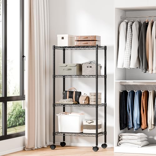 Industrial 4 Level Grid Storage Rack ，Mobile Metallic Shelving System with Lockable Wheels， Multi-Purpose Cabinet for Workshop, Culinary Space, Storeroom, Washroom & Restroom Black - view 2