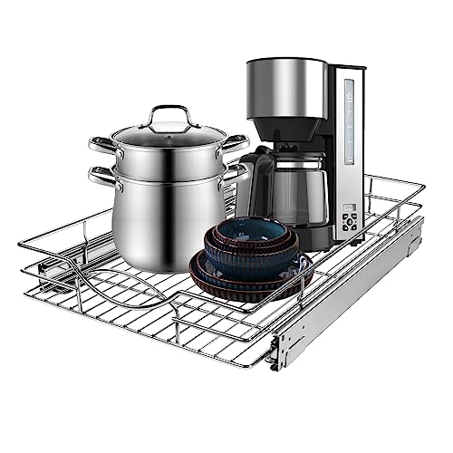 Pull Out Cabinet Organizer 11" W x 21" D, Heavy Duty Kitchen Cabinet Pull Out Shelves, Slide Out Wire Basket for Kitchen Cabinets, Bathroom, Pantry, Chrome Finish