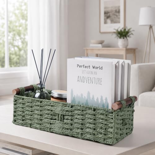 Round Paper Rope Storage Basket Wicker Baskets for Organizing with Handle Decorative Storage Bins for Countertop Toilet Paper Basket for Toilet Tank Top Small Baskets Set,Green - view 5