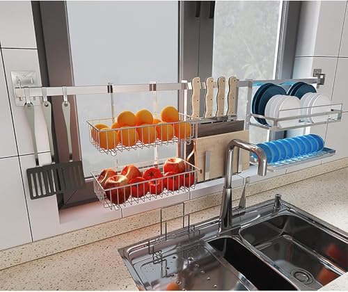 Heavy Duty Wall Mount Dish Rack, Stainless Steel Over Sink Drying Rack with Knife & Chopsticks Holder, Space Saving Kitchen Organizer for Apartment RV, Rust Proof Drainage System, 110Lbs Capacity - view 3