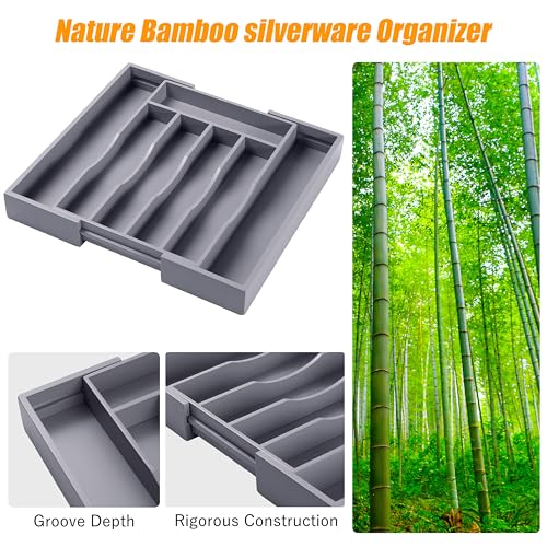 Kitchen Silverware Drawer Organizer and Storage Bamboo Wood Cooking Utensil Holder Cutlery Knife Jewelry Spice Rack Spoon Fork Multi Cabinet Organization Bathroom Counter Expandable Adjustable Tray - view 5