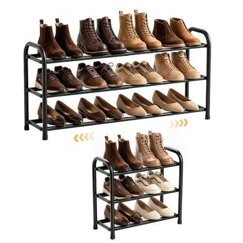 3 Tier Expandable Shoe Rack, Metal Small Shoes Shelf, Black