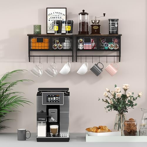 Industrial Wall Mounted Metal Wood Floating Shelves with Baskets Hooks Hanging Display Shelf Sundries Holder for Coffee Bar Kitchen Bathroom Organization and Home Decor, Black (16inch, 1 Set) - view 5