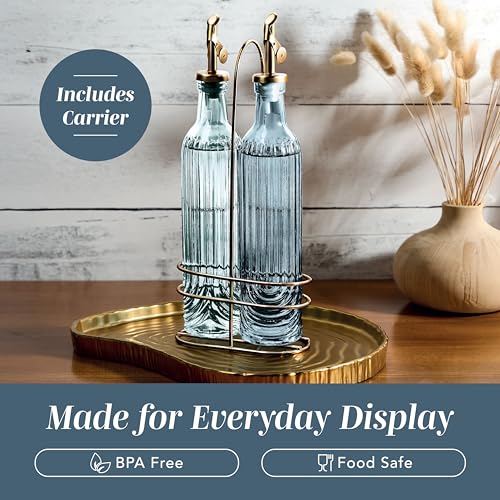 Glass Olive Oil Bottle Dispenser - 2 Pack- 17oz Oil and Vinegar Cruet - Olive Oil Carafe Decanter for Kitchen, Elegant Fluted, Blue - view 6