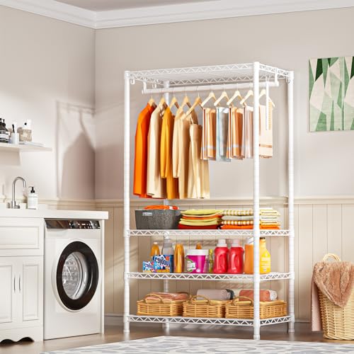 H4 Portable Closets, 4-Tier Metal Clothes Garment Rack for Bedroom and Cloakroom, Clothing Closet Storage and Organizer Wardrobe, 35.4" W x 14" D x 76.4" H, White - view 5