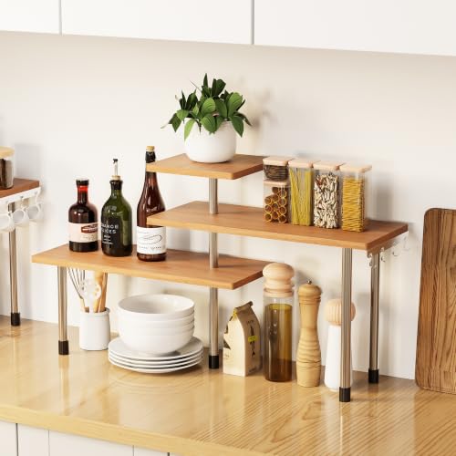 3 Tier Corner Shelf Bamboo Countertop Organizer Bookshelf Display Shelves Space Saving Rack for Living Room, Kitchen, Office (with Hooks) - view 2