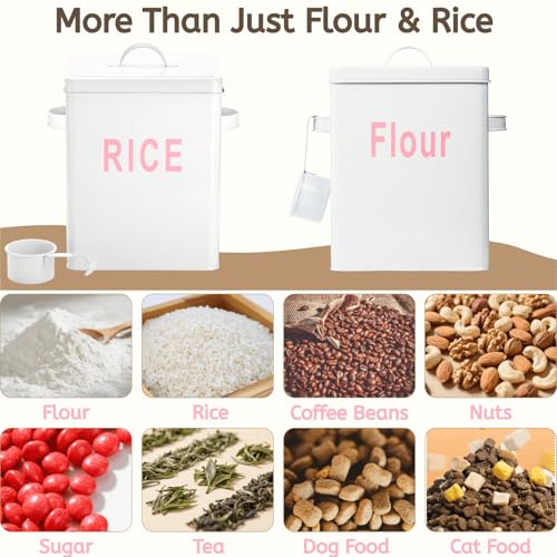 10 Lbs Metal Rice Storage Container, Square Rice Canister with Lid and Measuring Scoop, Countertop Sealed Food Storage Container for Cereal, Beans, Pet Food, White - view 5
