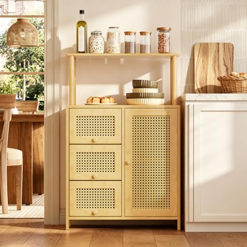 Sideboard Buffet Cabinet with Storage, Bamboo Storage Cabinets, Rattan Sideboard with Adjustable Shelf, Pantry Cupboard for Kitchen Living Room Entry Coffee Bar, Natural Color - view 5