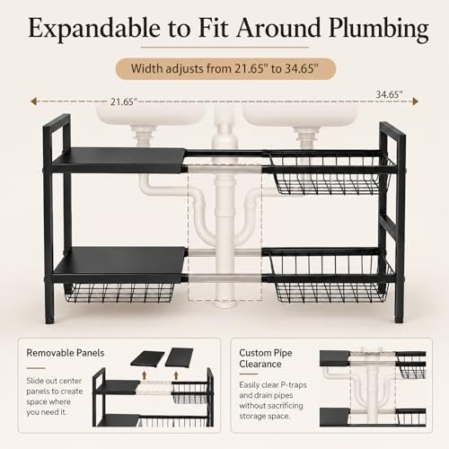 Expandable Under Sink Organizer, 2 Tier Under Sink Shelf, Height Adjustment, Under Sink Shelves with 3 Removable Baskets and 3 Removable Panels for Bathroom Kitchen Pantry Cabit black 21.65in - view 6