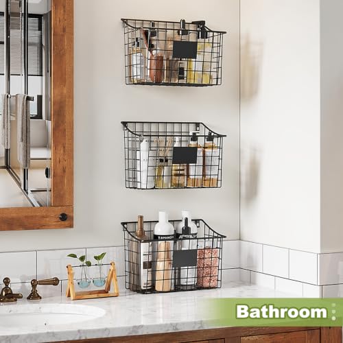 Wall Mounted Bin Basket with 5 Hooks 3 Label Plate Adhesive-3 Pack, Cabinet Hanging Metal Wire Basket,Rustic Farmhouse Decor, Storage Organization Shelf for Pantry Kitchen Bathroom 10.6*7.5*5.1inch - view 5