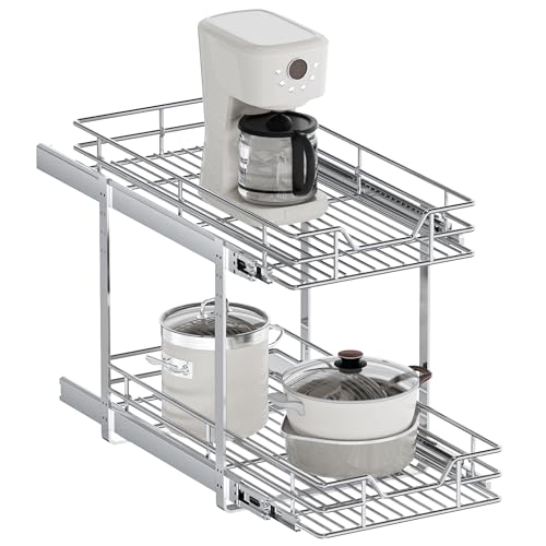 2-Tier Pull Out Cabinet Organizer, 13.5" W x 21.5" D, Heavy Duty Dual Slide Out Shelves for Base Cabinets, Chrome Wire Basket Drawer for Pantry, Kitchen & Bathroom Storage