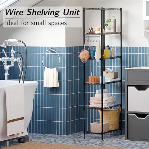 6-Tier Storage Shelf Wire Shelving Unit Free Standing Rack Organization Adjustable Leveling Feet, Stainless Side Hooks, Black - view 5