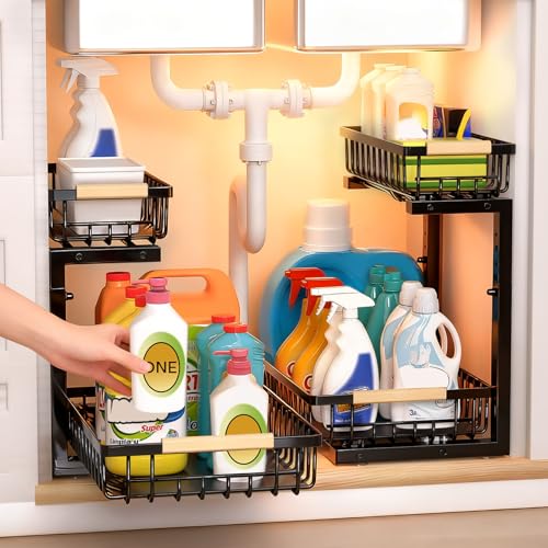 Under Sink Organizer, Heavy-Duty & Rust-Resistant Carbon Steel Metal, 2 Tier Pull Out Under Bathroom Sink Storage, Adjustable Height (13.8" -16.9"), Organizer for Kitchen Cabinet(2PCS,Black)