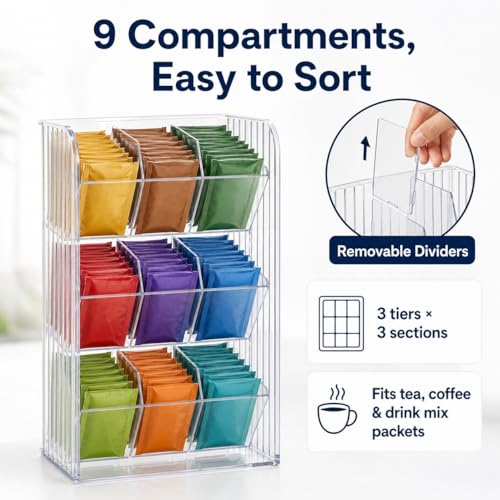 Drink Packet Organizer, 9-Compartment Water Flavor Packet Holder with Removable Dividers, Adjustable Tea Bag and Sugar Packet Storage Bin with Adhesive Stickers for Pantry, Fridge, Cabinet - view 4