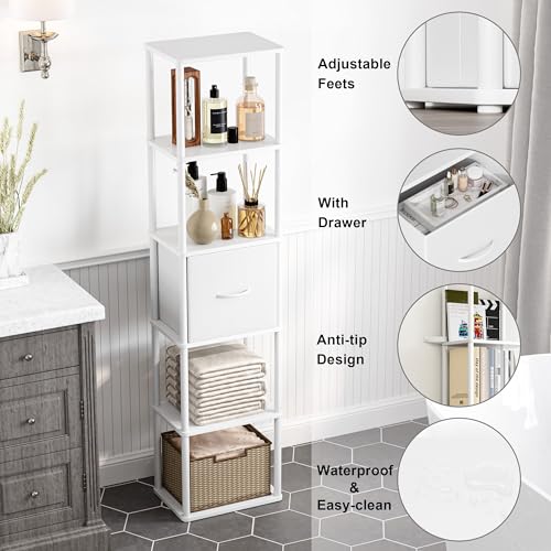 6-Tier Bookshelf Organizer, Narrow Bookcase,Tall Skinny Bookshelves, Standing Ladder Shelf with Drawer, Small Book Shelf with Storage for Living Room, Bedroom, Office, Study White HBC505W - view 4