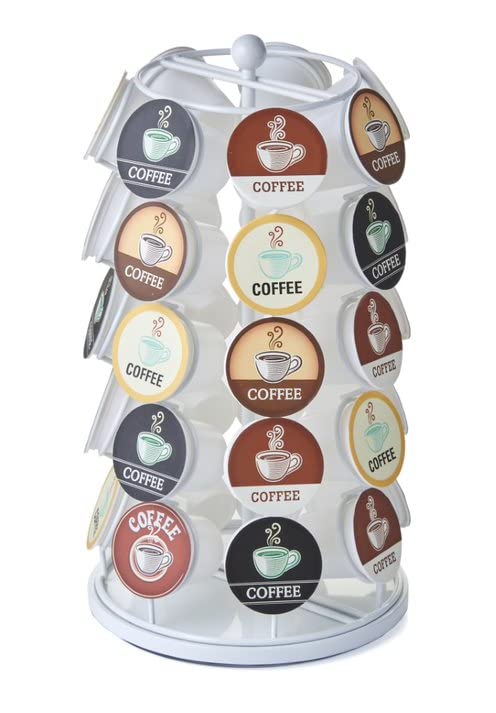 Keurig Coffee Pod Holder Carousel 360 Degree Spinning Organizer for K Cups 13 Inch Tall Compact Counter Storage Solution (35 K Cup Holder | White Black)