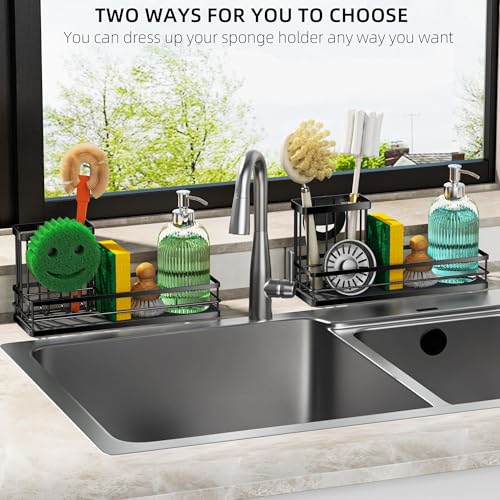 Sink Caddy Organizer with Water Absorbing Stone Tray, Instant Dry Sponge Holder Smiley Face, Dish Brush Holder for Countertop, Kitchen Storage Accessories and Organization Essentials (Black) - view 5